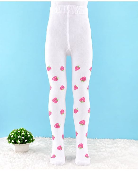 Cute Walk by Babyhug Knit Anti Bacterial Regular Tights With Strawberry Design - White