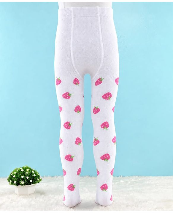 Cute Walk by Babyhug Knit Anti Bacterial Regular Tights With Strawberry Design - White