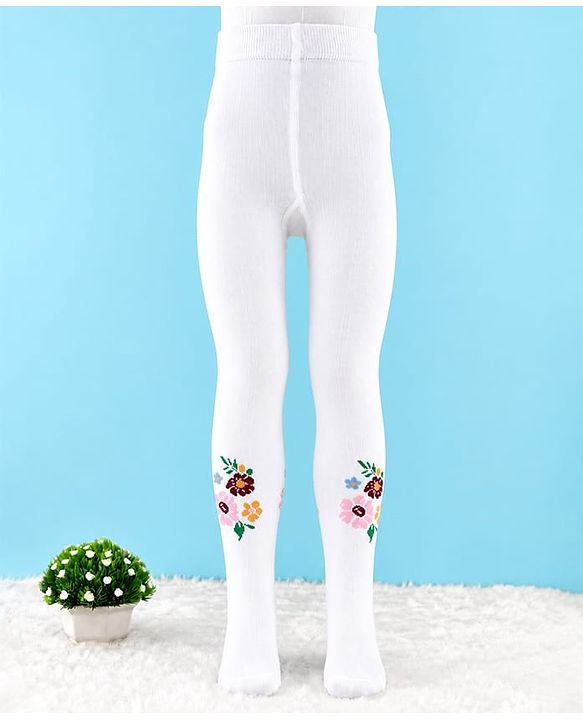 Cute Walk by Babyhug Knit Anti Bacterial Regular Tights With Floral Design - White
