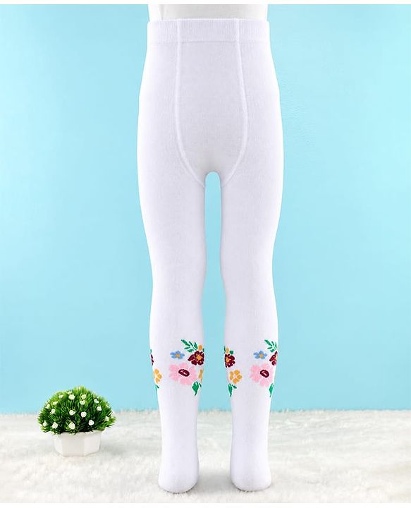 Cute Walk by Babyhug Knit Anti Bacterial Regular Tights With Floral Design - White