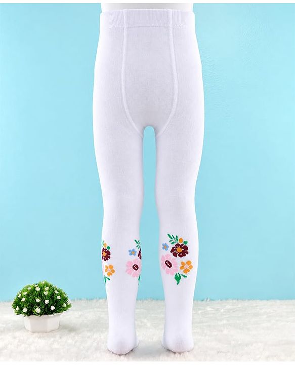 Cute Walk by Babyhug Knit Anti Bacterial Regular Tights With Floral Design - White