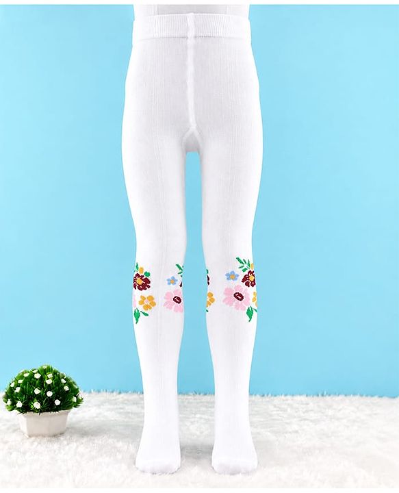 Cute Walk by Babyhug Knit Anti Bacterial Regular Tights With Floral Design - White