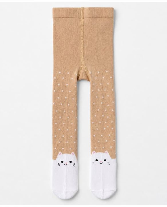 Cute Walk By Babyhug Cotton Knit Full Length Anti-Bacterial Tights With Cat Print in Brown