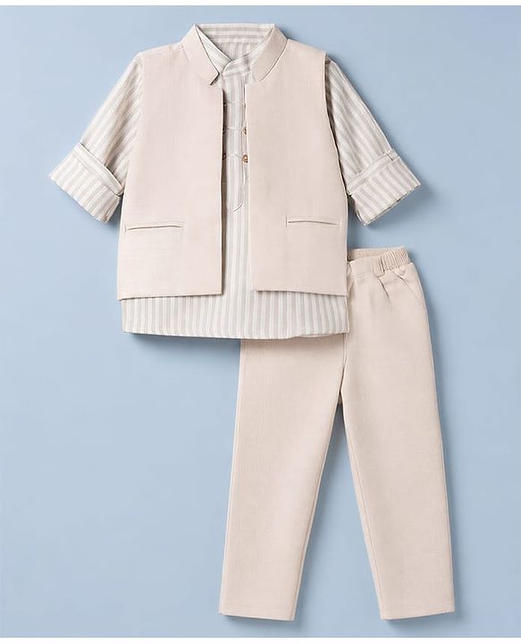 Babyhug Woven Full Sleeves Striped Party Suit - Beige