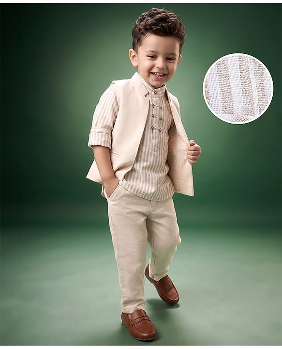 Babyhug Woven Full Sleeves Striped Party Suit - Beige