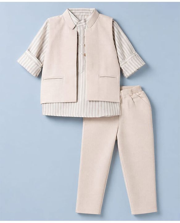 Babyhug Woven Full Sleeves Striped Party Suit - Beige