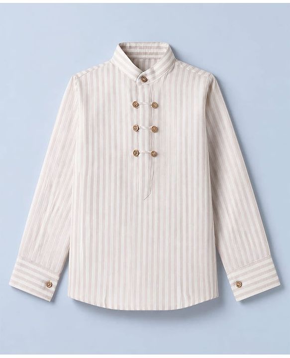 Babyhug Woven Full Sleeves Striped Party Suit - Beige