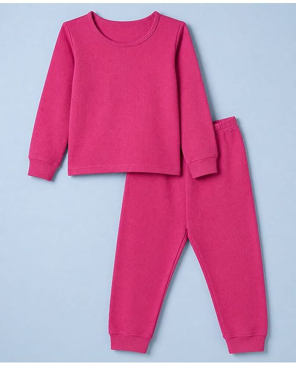 Pine Kids Cotton Knit Full Sleeves Solid Vest and Pant - Dark Pink
