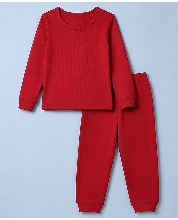 Pine Kids Cotton Mix Knit Solid Vest & Pant Thermal Set with Full Length in Dark Red
