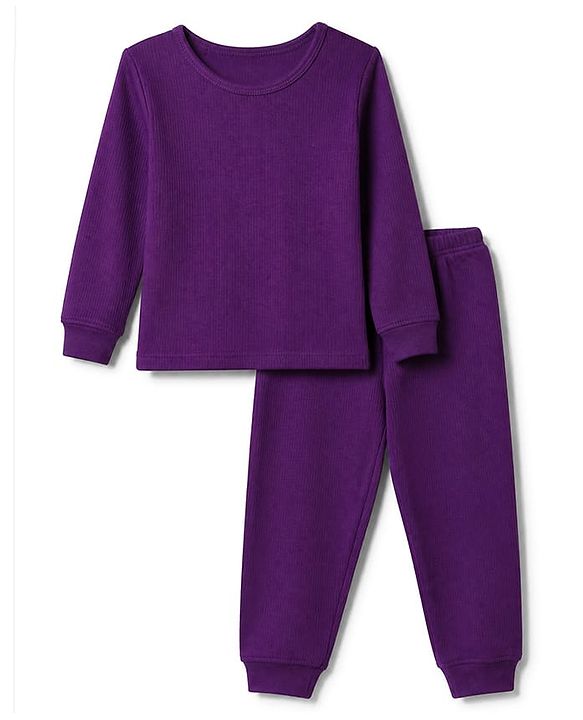 Pine Kids Cotton Mix Knit Full Sleeves Vest & Pant Thermal Set in Purple