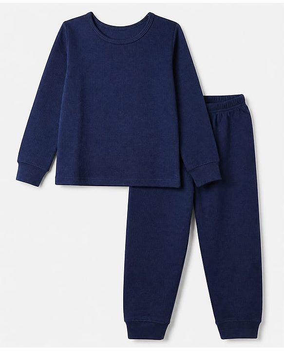 Pine Kids Cotton Knit Full Sleeves Solid Vest and Pant - Navy Blue