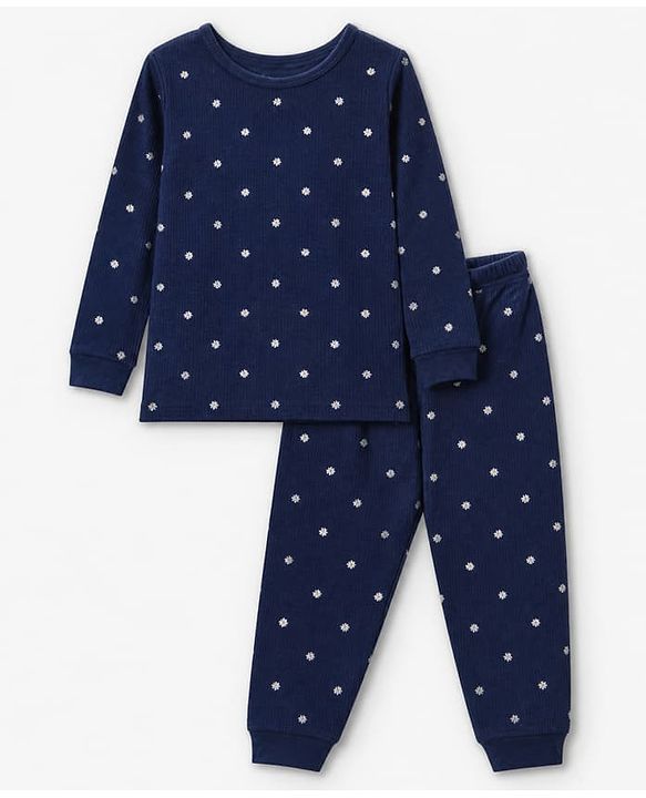 Pine Kids Cotton Knit Full Sleeves Vest and Pant Thermal Inner Wear with Full Length and Floral Flowers Print in Blue