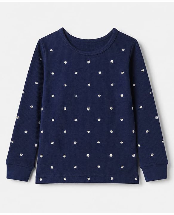 Pine Kids Cotton Knit Full Sleeves Vest and Pant Thermal Inner Wear with Full Length and Floral Flowers Print in Blue