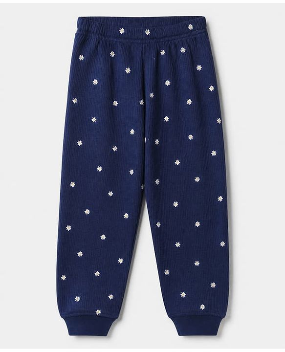 Pine Kids Cotton Knit Full Sleeves Vest and Pant Thermal Inner Wear with Full Length and Floral Flowers Print in Blue