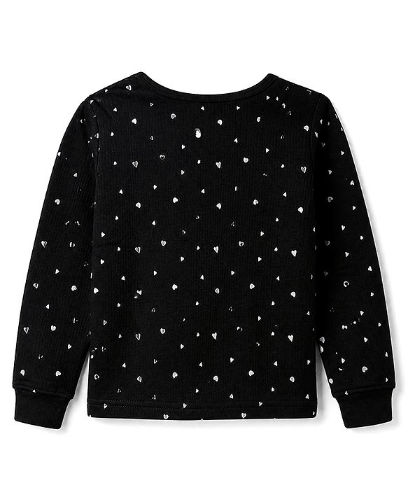 Pine Kids Cotton Mix Knit Full Sleeves Thermal Inner Wear With Heart Print- Black