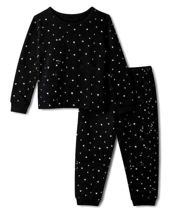 Pine Kids Cotton Mix Knit Full Sleeves Thermal Inner Wear With Heart Print- Black