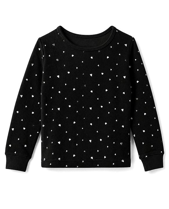 Pine Kids Cotton Mix Knit Full Sleeves Thermal Inner Wear With Heart Print- Black