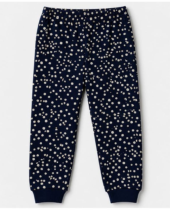Pine Kids Cotton Knit Full Sleeves Vest and Pant Thermal Inner Wear with Full Length and Flowers Print in Blue