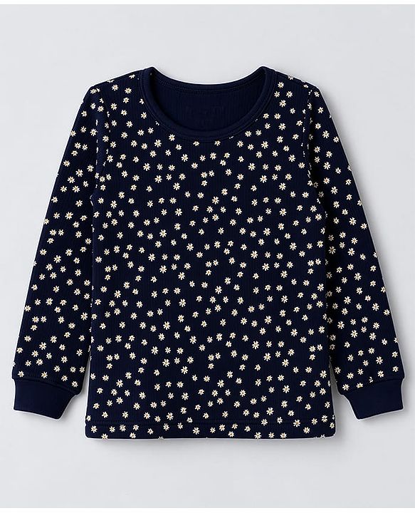 Pine Kids Cotton Knit Full Sleeves Vest and Pant Thermal Inner Wear with Full Length and Flowers Print in Blue