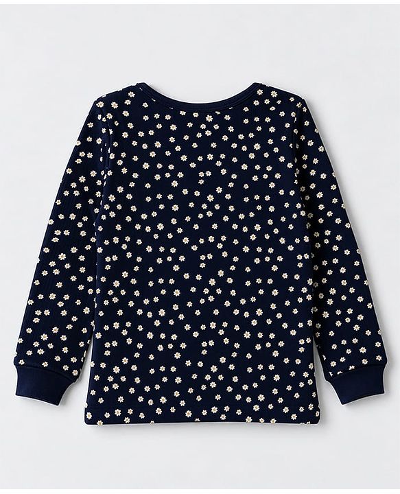 Pine Kids Cotton Knit Full Sleeves Vest and Pant Thermal Inner Wear with Full Length and Flowers Print in Blue