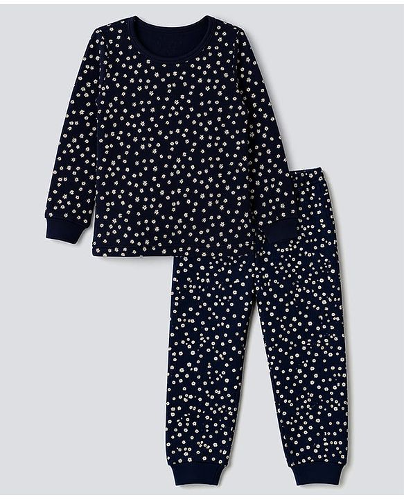 Pine Kids Cotton Knit Full Sleeves Vest and Pant Thermal Inner Wear with Full Length and Flowers Print in Blue