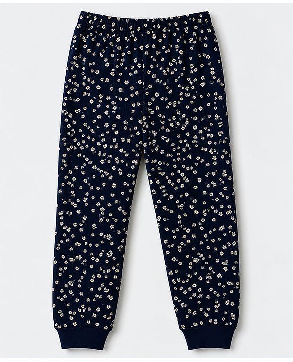 Pine Kids Cotton Knit Full Sleeves Vest and Pant Thermal Inner Wear with Full Length and Flowers Print in Blue