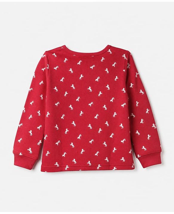 Pine Kids Cotton Mix Knit Full Sleeves Thermal Inner Wear Set With Horse Print - Red