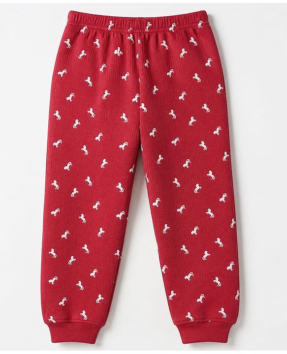 Pine Kids Cotton Mix Knit Full Sleeves Thermal Inner Wear Set With Horse Print - Red