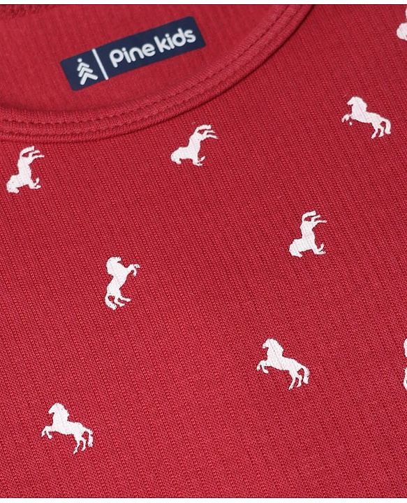 Pine Kids Cotton Mix Knit Full Sleeves Thermal Inner Wear Set With Horse Print - Red