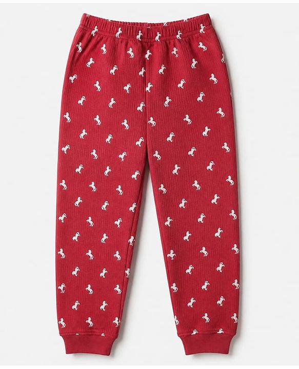 Pine Kids Cotton Mix Knit Full Sleeves Thermal Inner Wear Set With Horse Print - Red