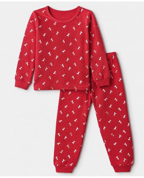 Pine Kids Cotton Mix Knit Full Sleeves Thermal Inner Wear Set With Horse Print - Red