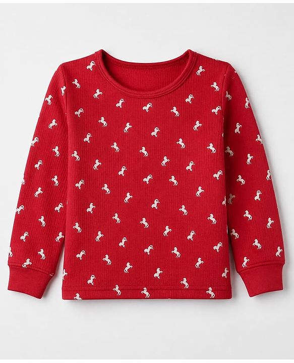 Pine Kids Cotton Mix Knit Full Sleeves Thermal Inner Wear Set With Horse Print - Red