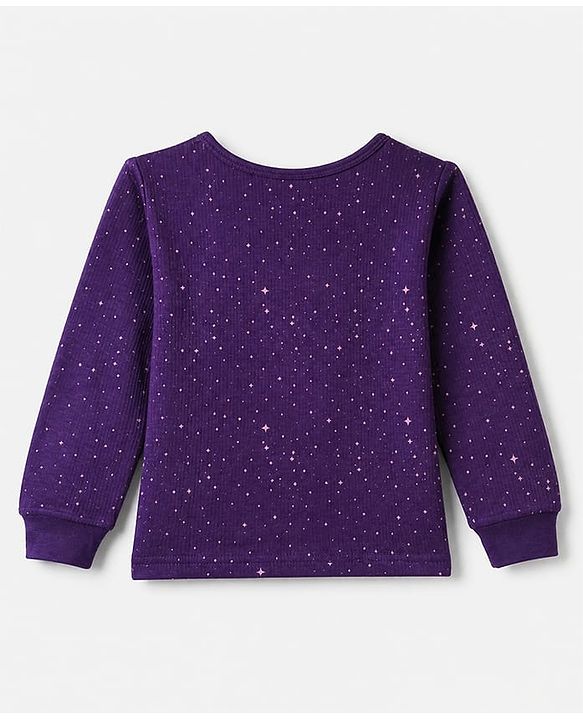 Pine Kids Cotton Knit Full Sleeves Vest and Pant Thermal Inner Wear Set with Full Length and Stars Print in Purple