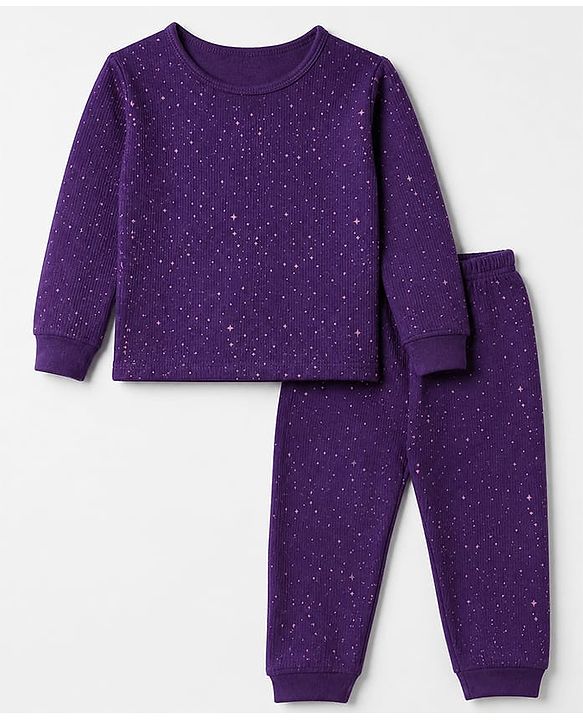 Pine Kids Cotton Knit Full Sleeves Vest and Pant Thermal Inner Wear Set with Full Length and Stars Print in Purple
