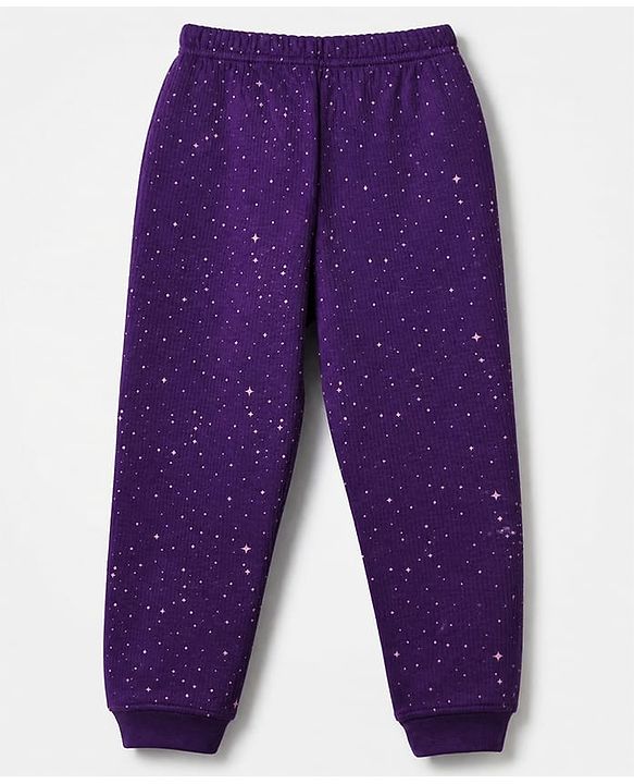 Pine Kids Cotton Knit Full Sleeves Vest and Pant Thermal Inner Wear Set with Full Length and Stars Print in Purple