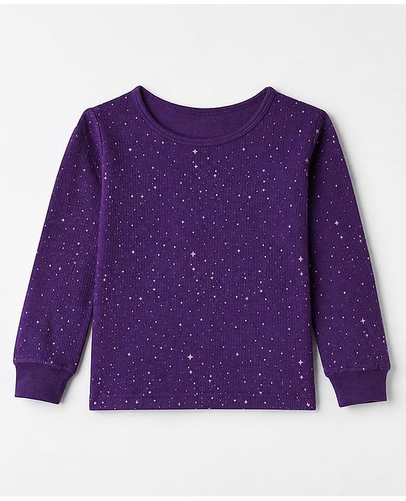 Pine Kids Cotton Knit Full Sleeves Vest and Pant Thermal Inner Wear Set with Full Length and Stars Print in Purple