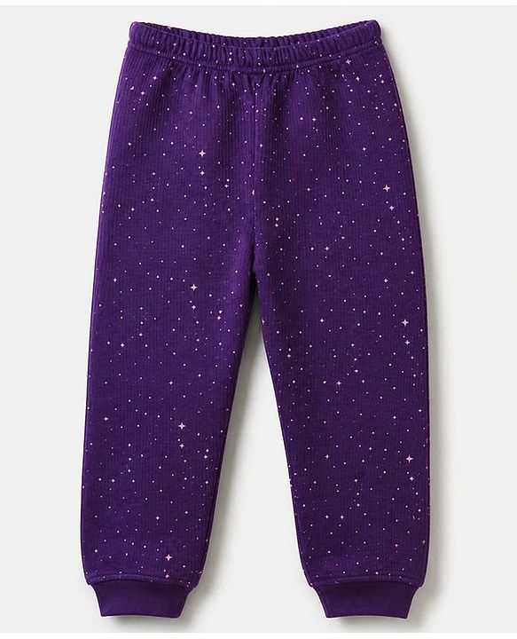 Pine Kids Cotton Knit Full Sleeves Vest and Pant Thermal Inner Wear Set with Full Length and Stars Print in Purple