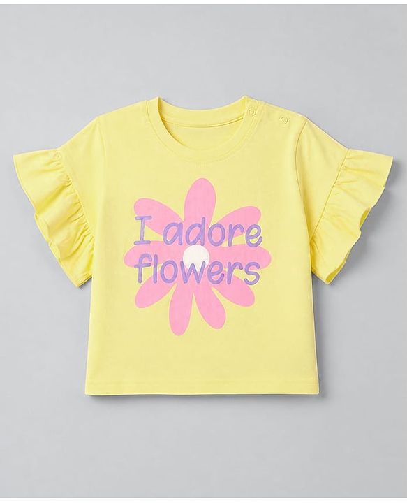 Babyhug 100% Cotton Knit Half Sleeves, Frill Sleeves T-Shirt with Graphic & Flower Print in Yellow