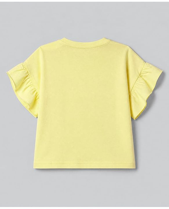 Babyhug 100% Cotton Knit Half Sleeves, Frill Sleeves T-Shirt with Graphic & Flower Print in Yellow