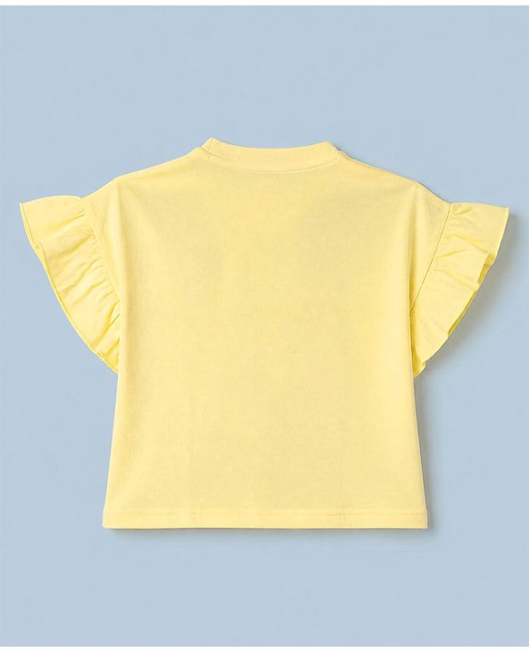 Babyhug 100% Cotton Knit Half Sleeves, Frill Sleeves T-Shirt with Graphic & Flower Print in Yellow