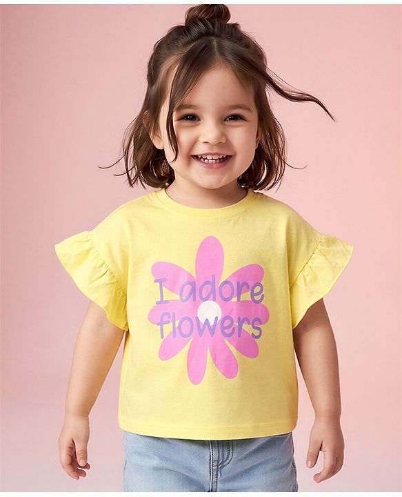 Babyhug 100% Cotton Knit Half Sleeves, Frill Sleeves T-Shirt with Graphic & Flower Print in Yellow