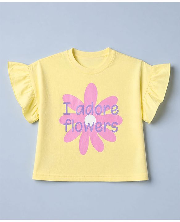 Babyhug 100% Cotton Knit Half Sleeves, Frill Sleeves T-Shirt with Graphic & Flower Print in Yellow