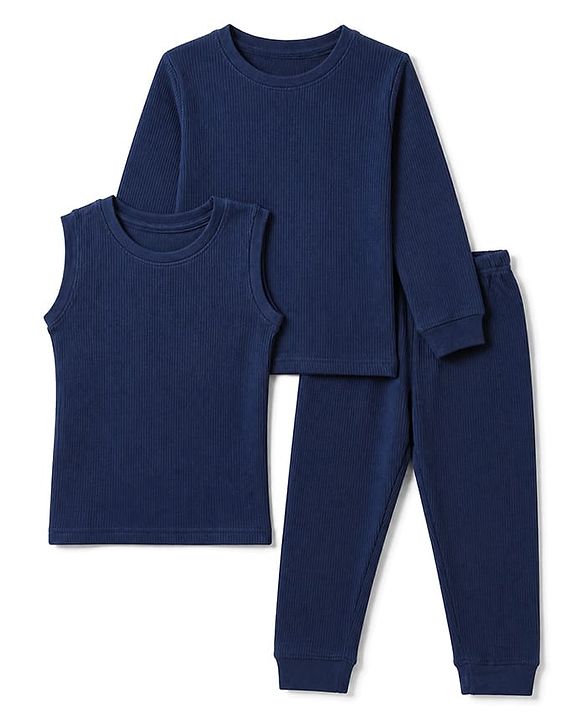 Pine Kids Cotton Mix Knit Full Sleeves Vest & Pant Thermal Set in Navy Blue