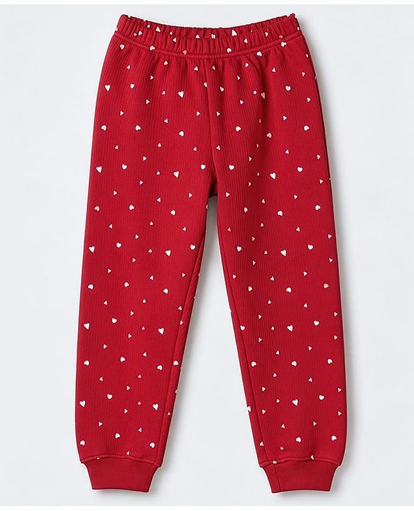 Pine Kids Cotton Knit Ribbed Full Sleeves Vest and Pant Thermal Inner Wear Set with Full Length and Hearts Print in Red