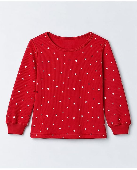 Pine Kids Cotton Knit Ribbed Full Sleeves Vest and Pant Thermal Inner Wear Set with Full Length and Hearts Print in Red