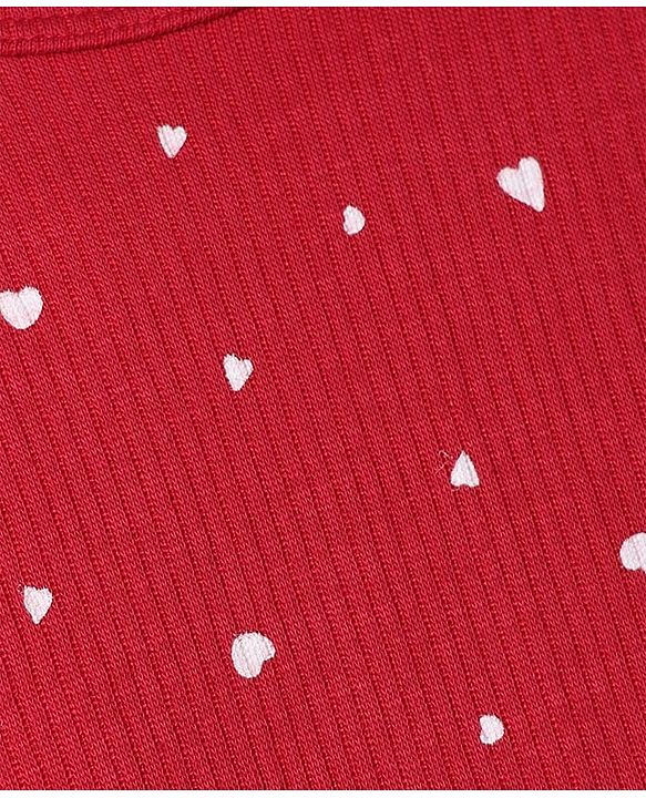 Pine Kids Cotton Knit Ribbed Full Sleeves Vest and Pant Thermal Inner Wear Set with Full Length and Hearts Print in Red