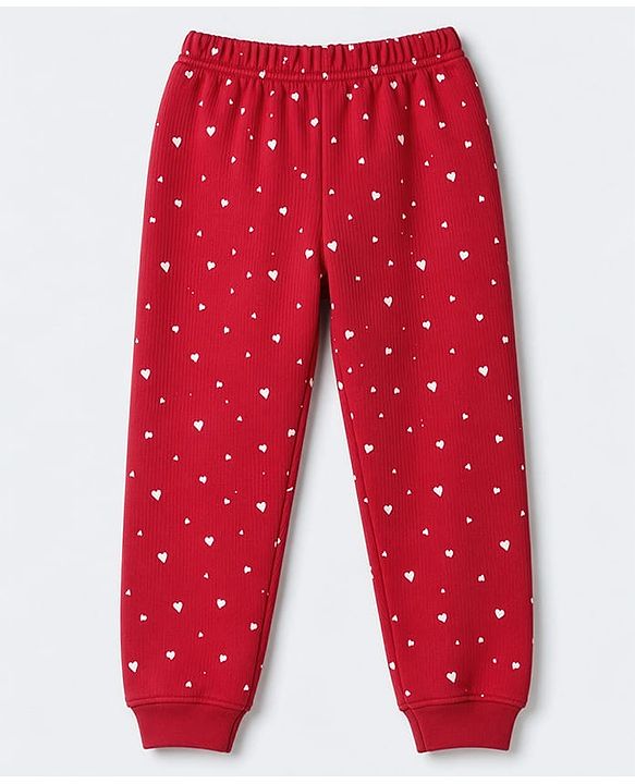 Pine Kids Cotton Knit Ribbed Full Sleeves Vest and Pant Thermal Inner Wear Set with Full Length and Hearts Print in Red