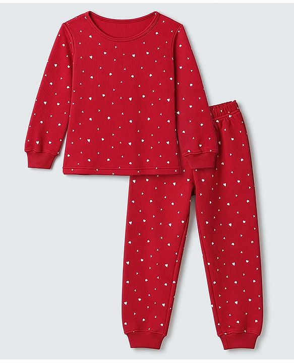 Pine Kids Cotton Knit Ribbed Full Sleeves Vest and Pant Thermal Inner Wear Set with Full Length and Hearts Print in Red