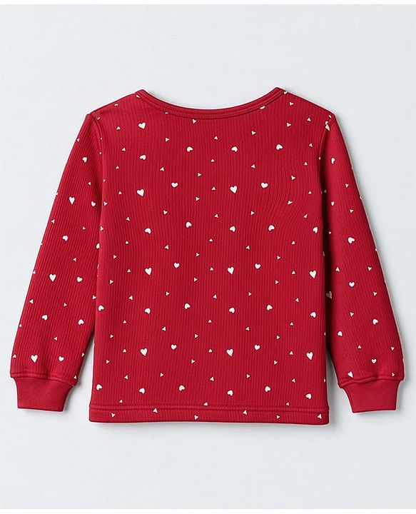 Pine Kids Cotton Knit Ribbed Full Sleeves Vest and Pant Thermal Inner Wear Set with Full Length and Hearts Print in Red