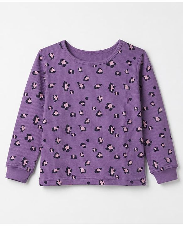 Pine Kids Cotton Blend Knit Full Sleeves Round Neck Thermal Set with Leopard Spots Print - Lilac